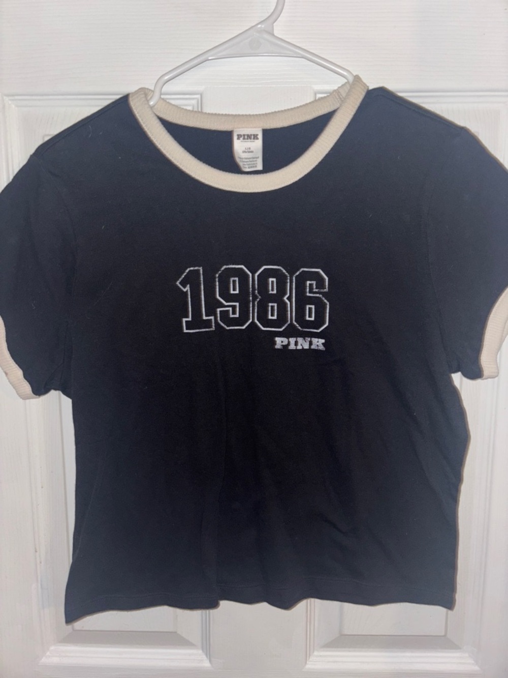 PINK Black Tee with Cream Trim and 1986 Embroidery